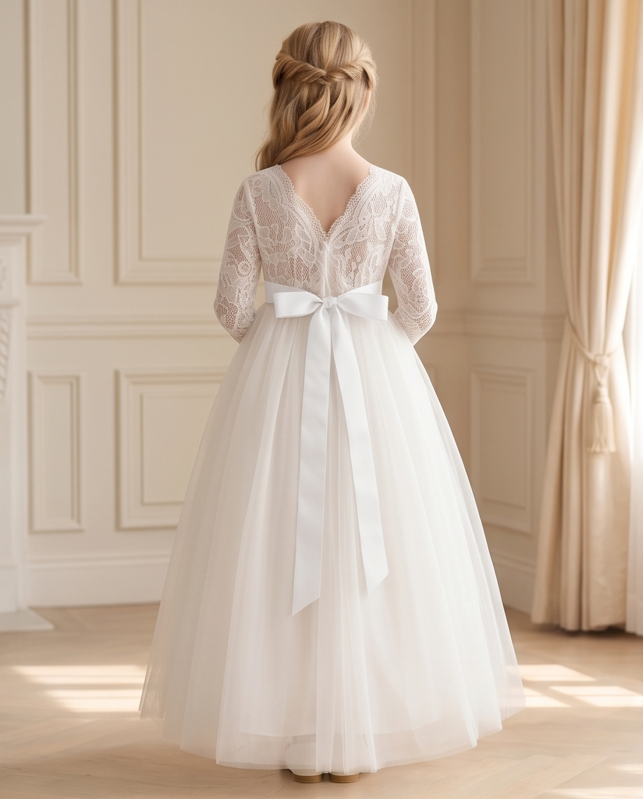 Ivory Long Sleeve Lace & Tulle Communion Dress with Pink or White Ribbon