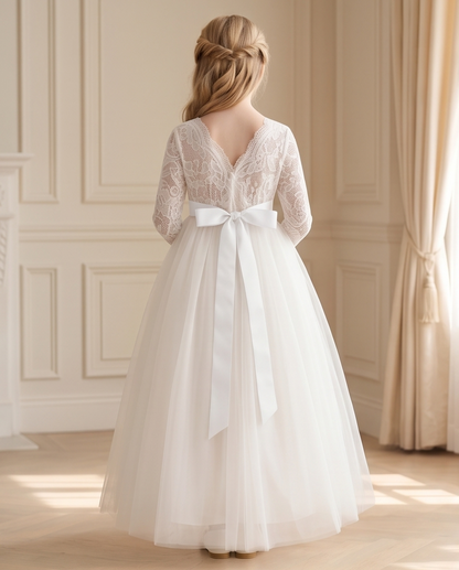 Ivory Long Sleeve Lace & Tulle Communion Dress with Pink or White Ribbon