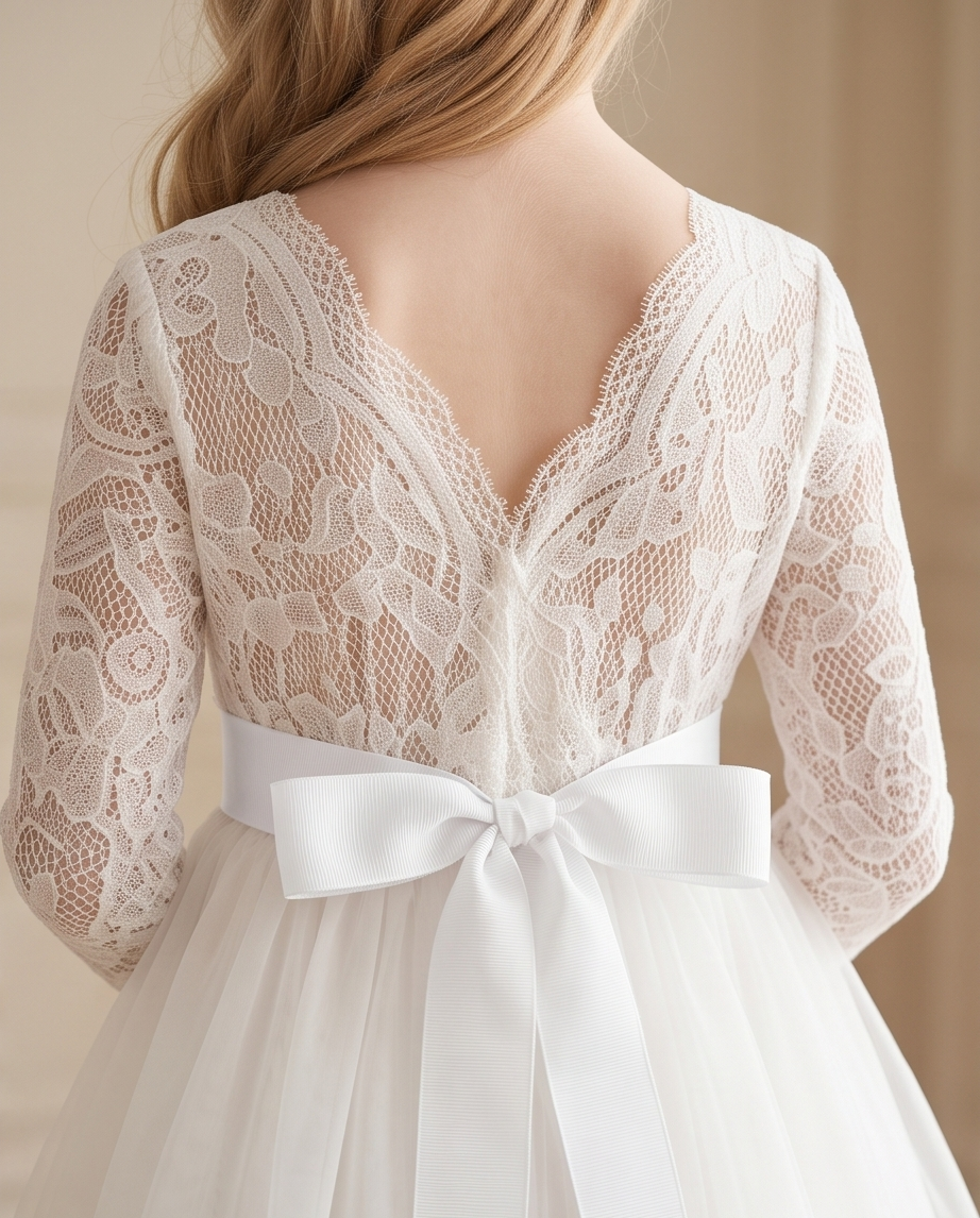 Ivory Long Sleeve Lace & Tulle Communion Dress with Pink or White Ribbon