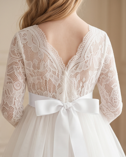 Ivory Long Sleeve Lace & Tulle Communion Dress with Pink or White Ribbon
