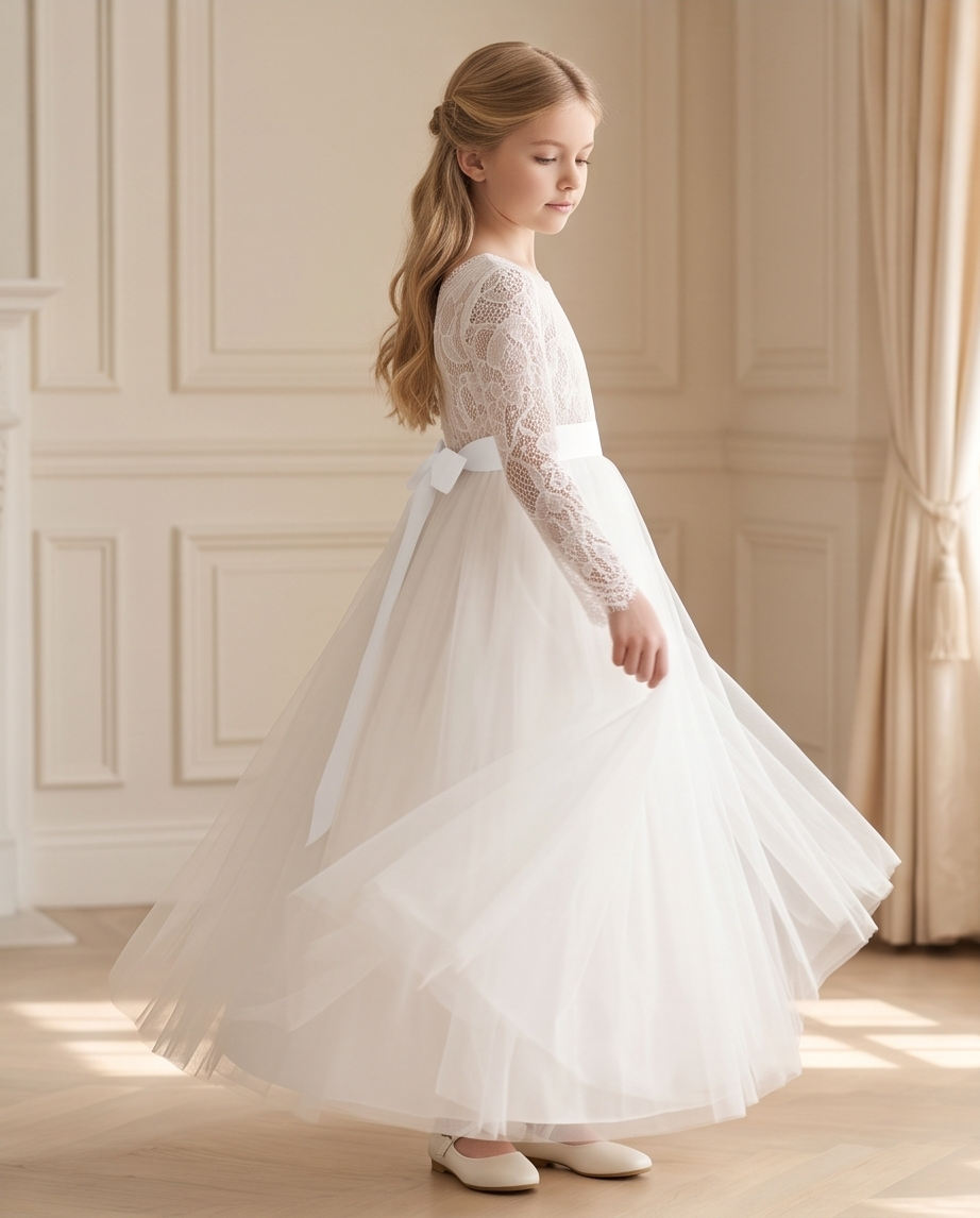 Ivory Long Sleeve Lace & Tulle Communion Dress with Pink or White Ribbon