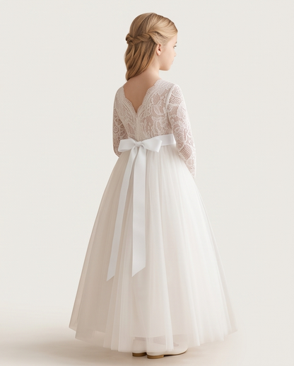 Ivory Long Sleeve Lace & Tulle Communion Dress with Pink or White Ribbon
