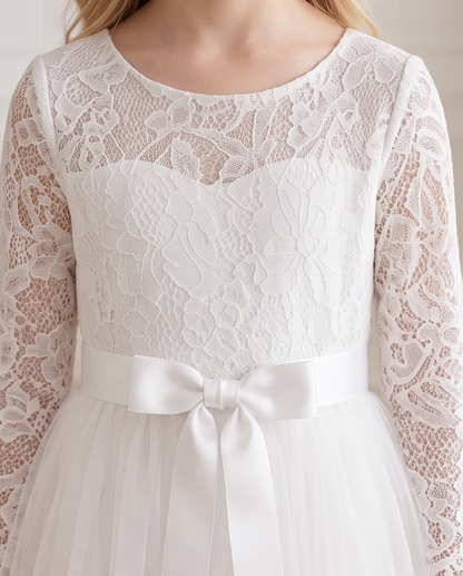 Ivory Long Sleeve Lace & Tulle Communion Dress with Pink or White Ribbon