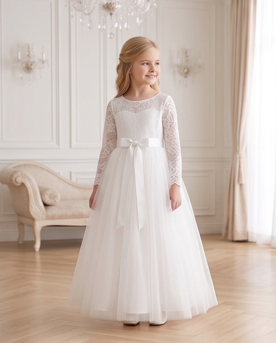 Ivory Long Sleeve Lace & Tulle Communion Dress with Pink or White Ribbon