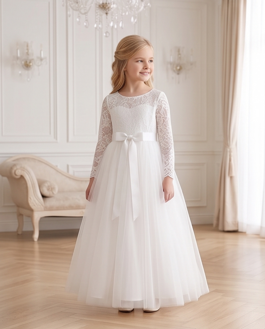 Ivory Long Sleeve Lace & Tulle Communion Dress with Pink or White Ribbon