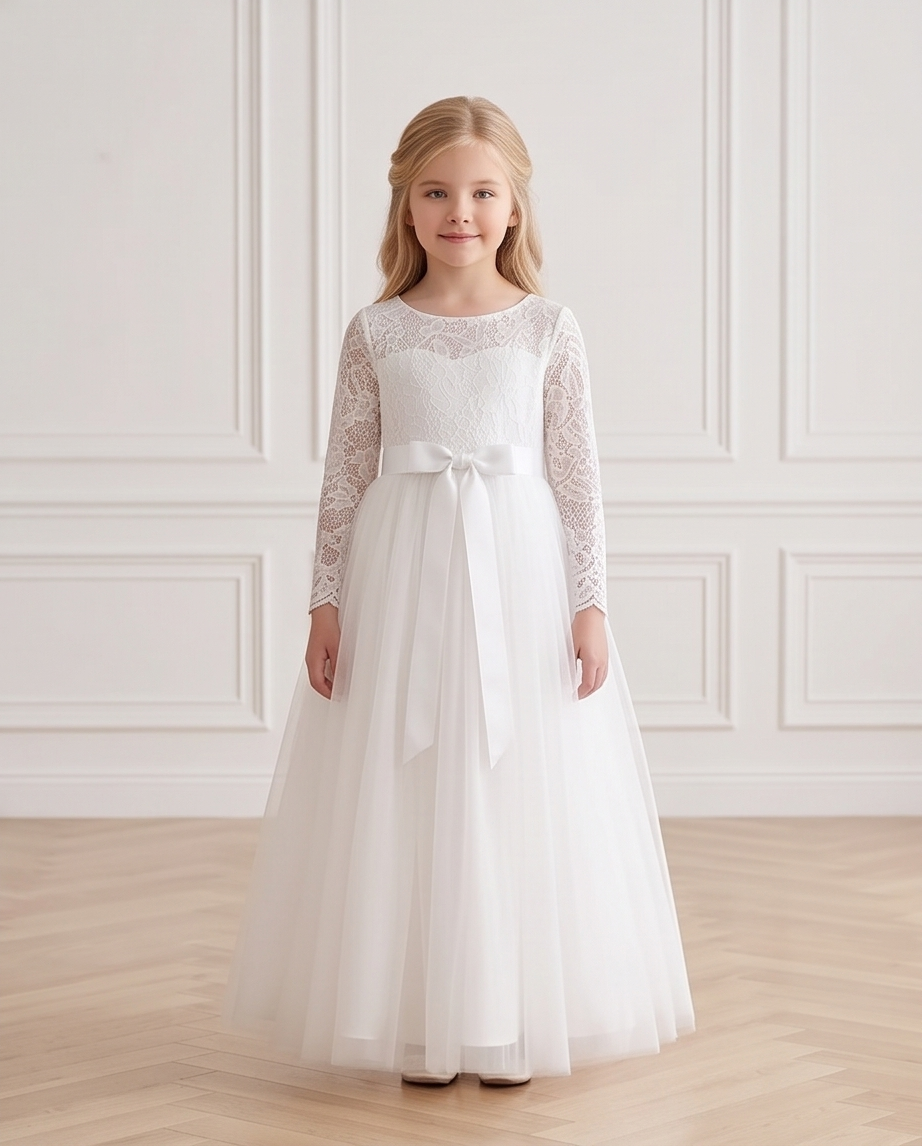 Ivory Long Sleeve Lace & Tulle Communion Dress with Pink or White Ribbon