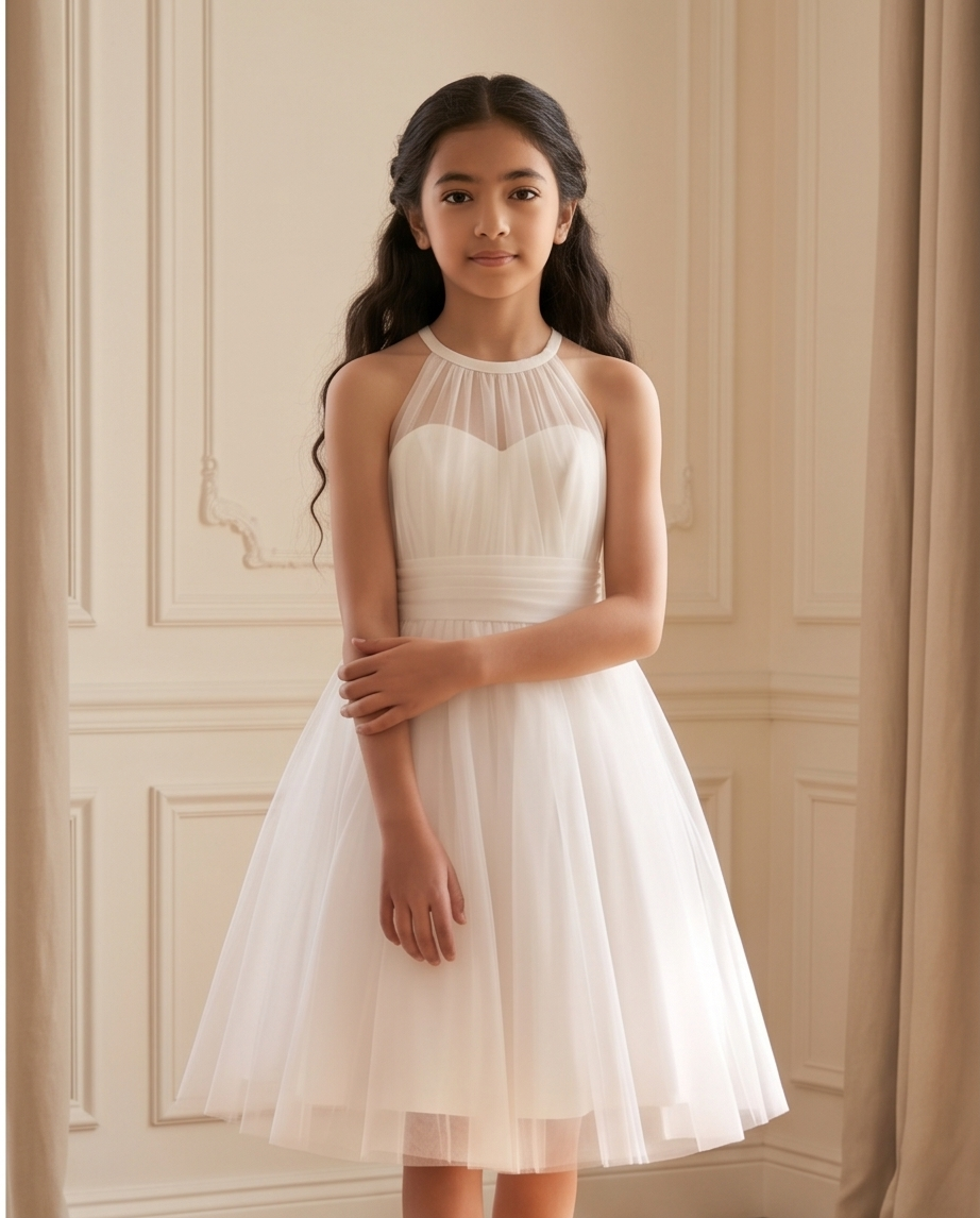 Bow-tie neckline and zip at back of white dress