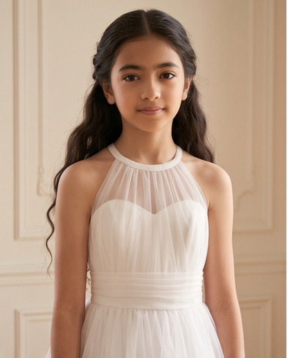Girls white tulle dress with full skirt