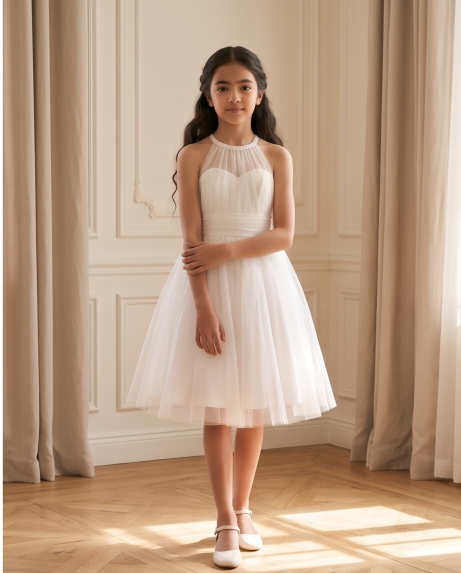 Back view of girls white halter dress