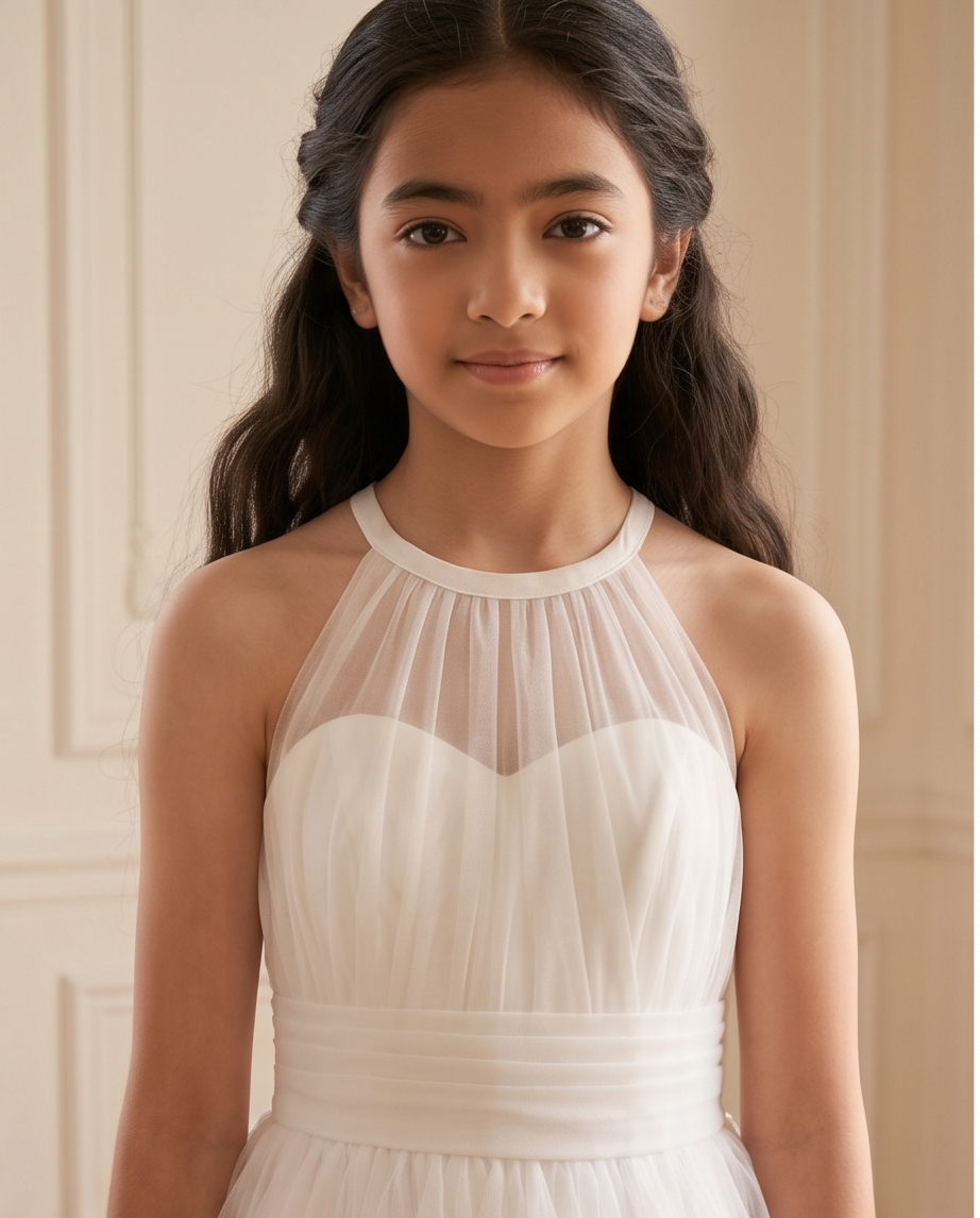 Front view of girls white halter occasion dress