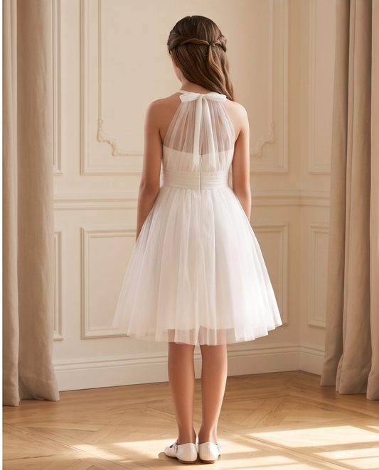 Back view of girls white tulle occasion dress