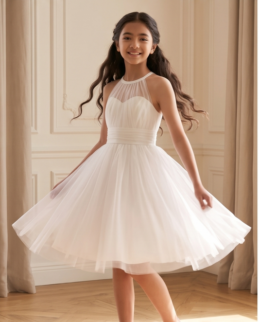 Girls white halter tulle dress neckline detail