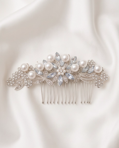 Pearl and crystal hair comb styled with white flowers