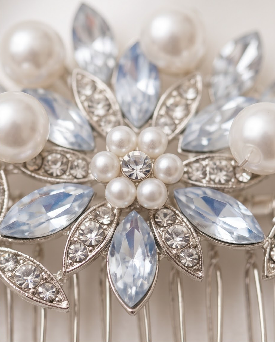 Close-up of the floral centre of pearl and crystal hair comb