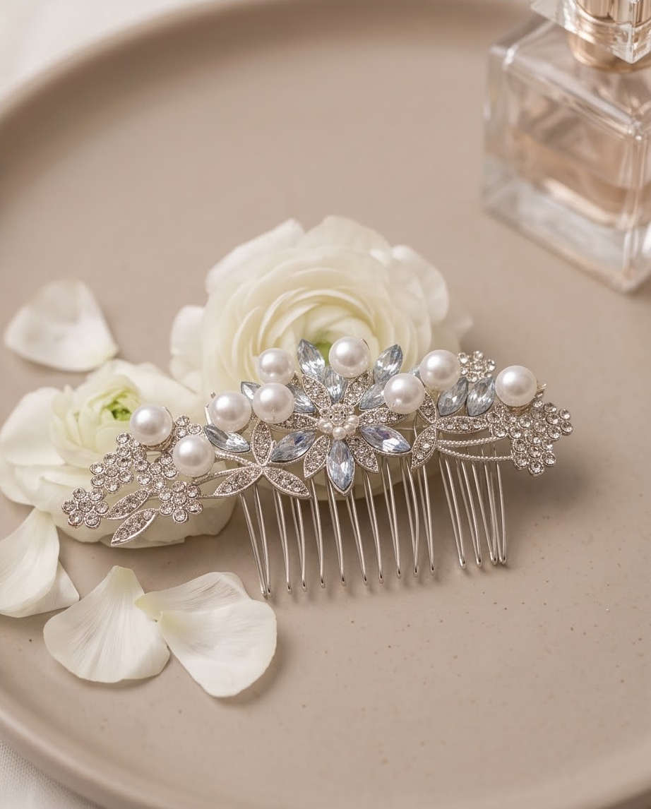 Pearl and crystal bridal comb shown from the front