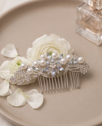 Pearl and crystal bridal comb shown from the front