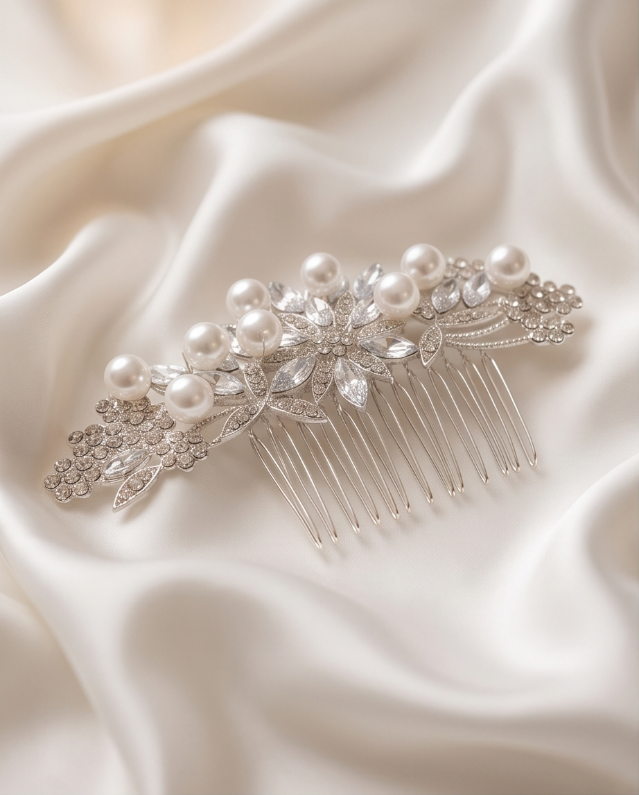Detailed view of pearl and crystal embellishments on hair comb