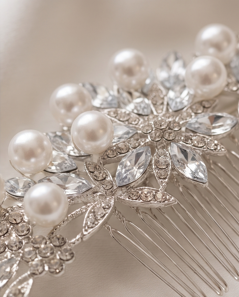 Close-up of pearl and crystal floral hair comb