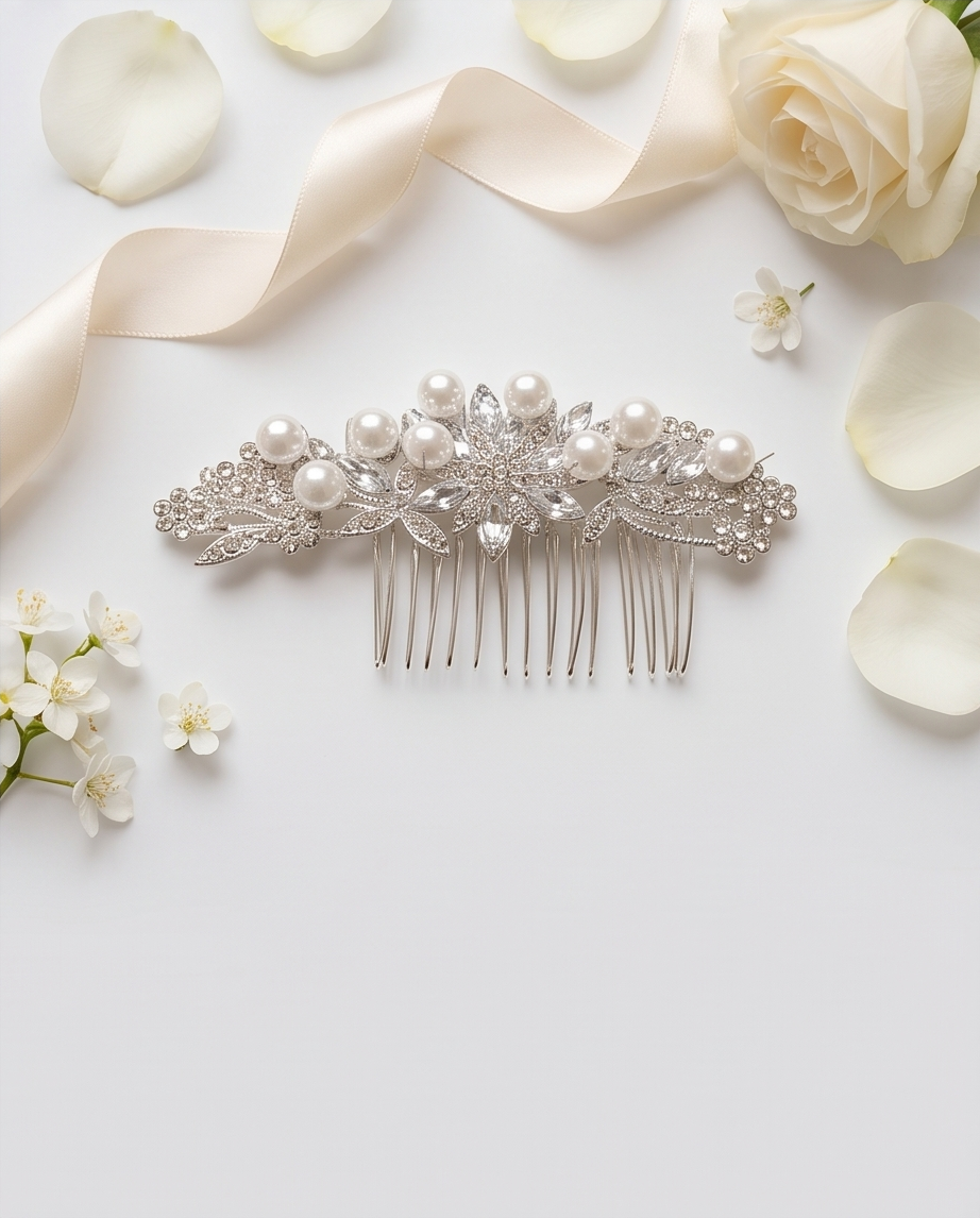 Pearl and crystal embellished silver-tone hair comb displayed on white fabric