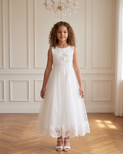 Girls White Satin 3D Floral Appliqué First Communion Dress | Lace Hem Tulle Skirt