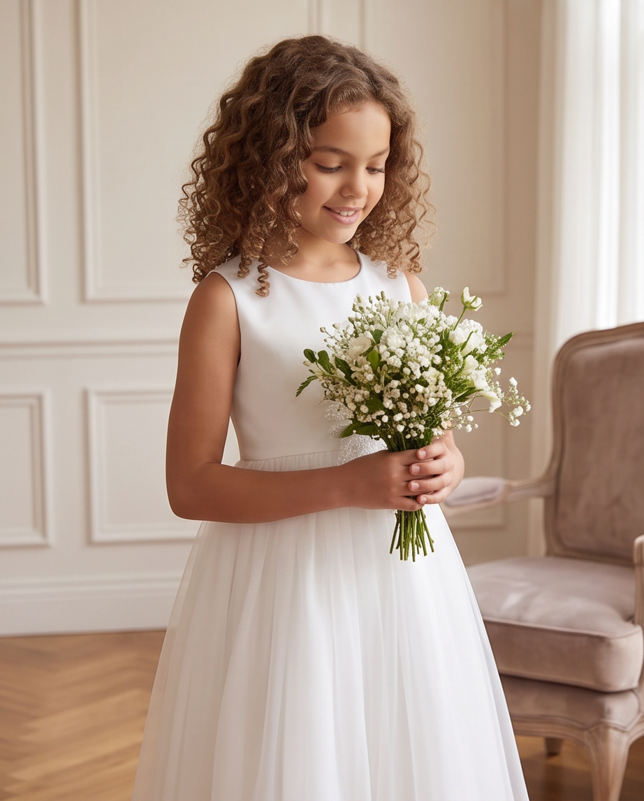 Girls White Satin 3D Floral Appliqué First Communion Dress | Lace Hem Tulle Skirt