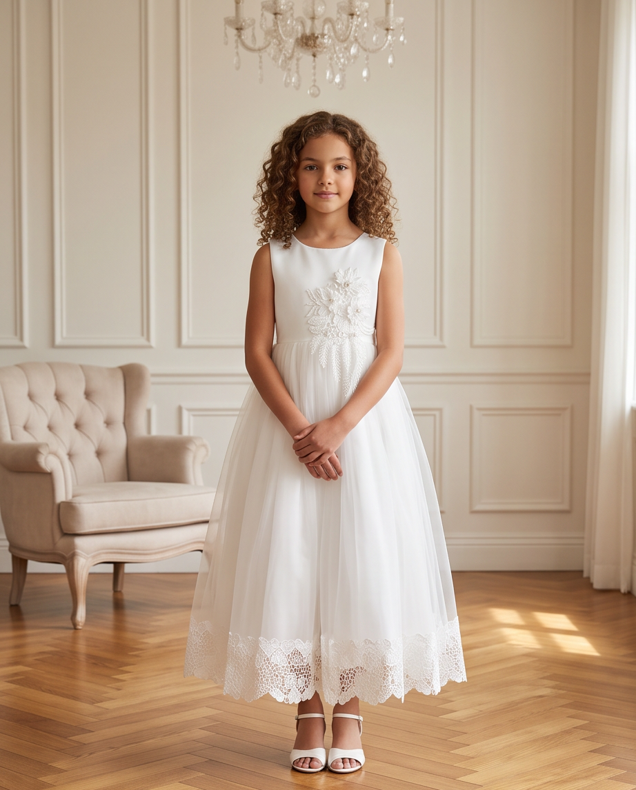 Girls White Satin 3D Floral Appliqué First Communion Dress | Lace Hem Tulle Skirt