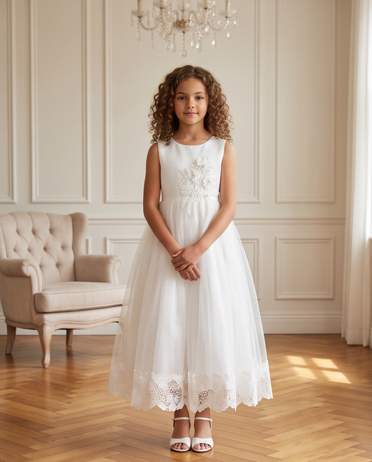 Girls White Satin 3D Floral Appliqué First Communion Dress | Lace Hem Tulle Skirt