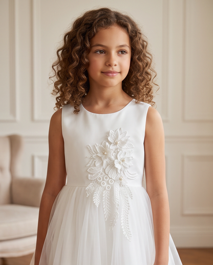 Girls White Satin 3D Floral Appliqué First Communion Dress | Lace Hem Tulle Skirt