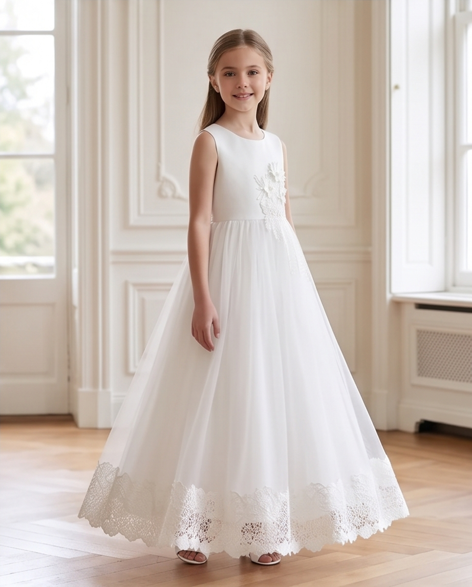 Girls White Satin 3D Floral Appliqué First Communion Dress | Lace Hem Tulle Skirt
