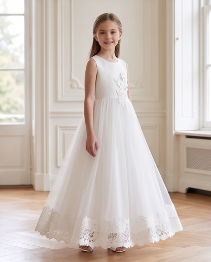 Girls White Satin 3D Floral Appliqué First Communion Dress | Lace Hem Tulle Skirt