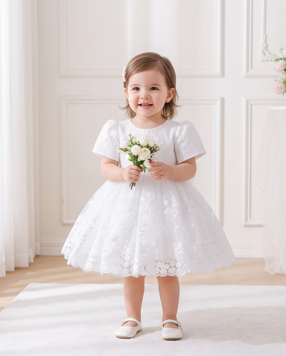 Front view of white short sleeve floral lace flower girl dress