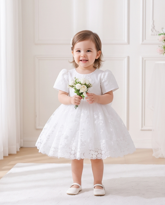 Front view of white short sleeve floral lace flower girl dress