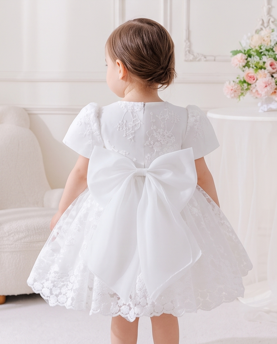 Close-up of floral lace bodice and short sleeves