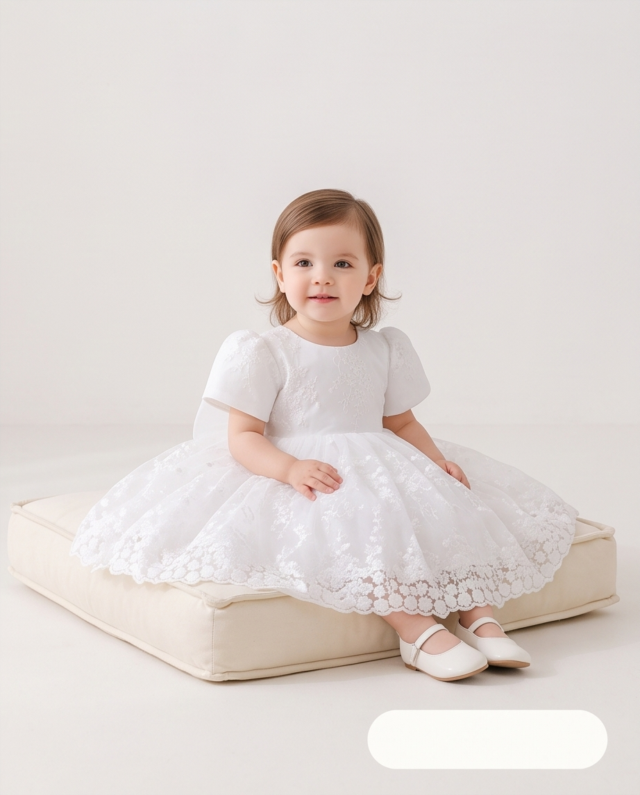 Seated view showing scalloped floral lace skirt hem