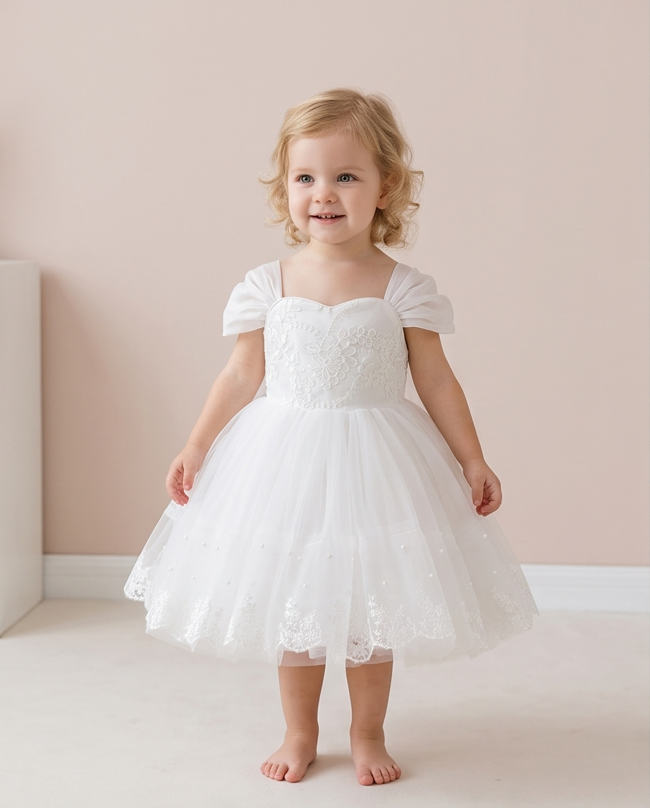 Full front view of embroidered white dress