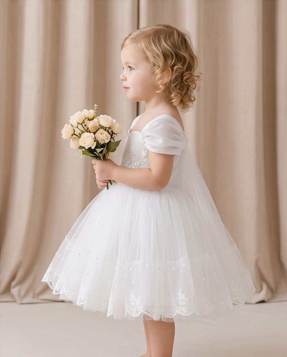 Side view of white dress with bouquet