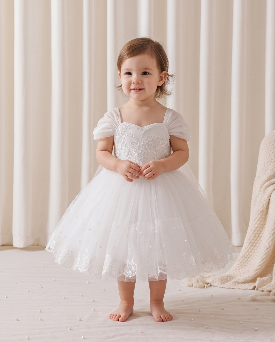 Front view of white embroidered scallop hem flower girl dress