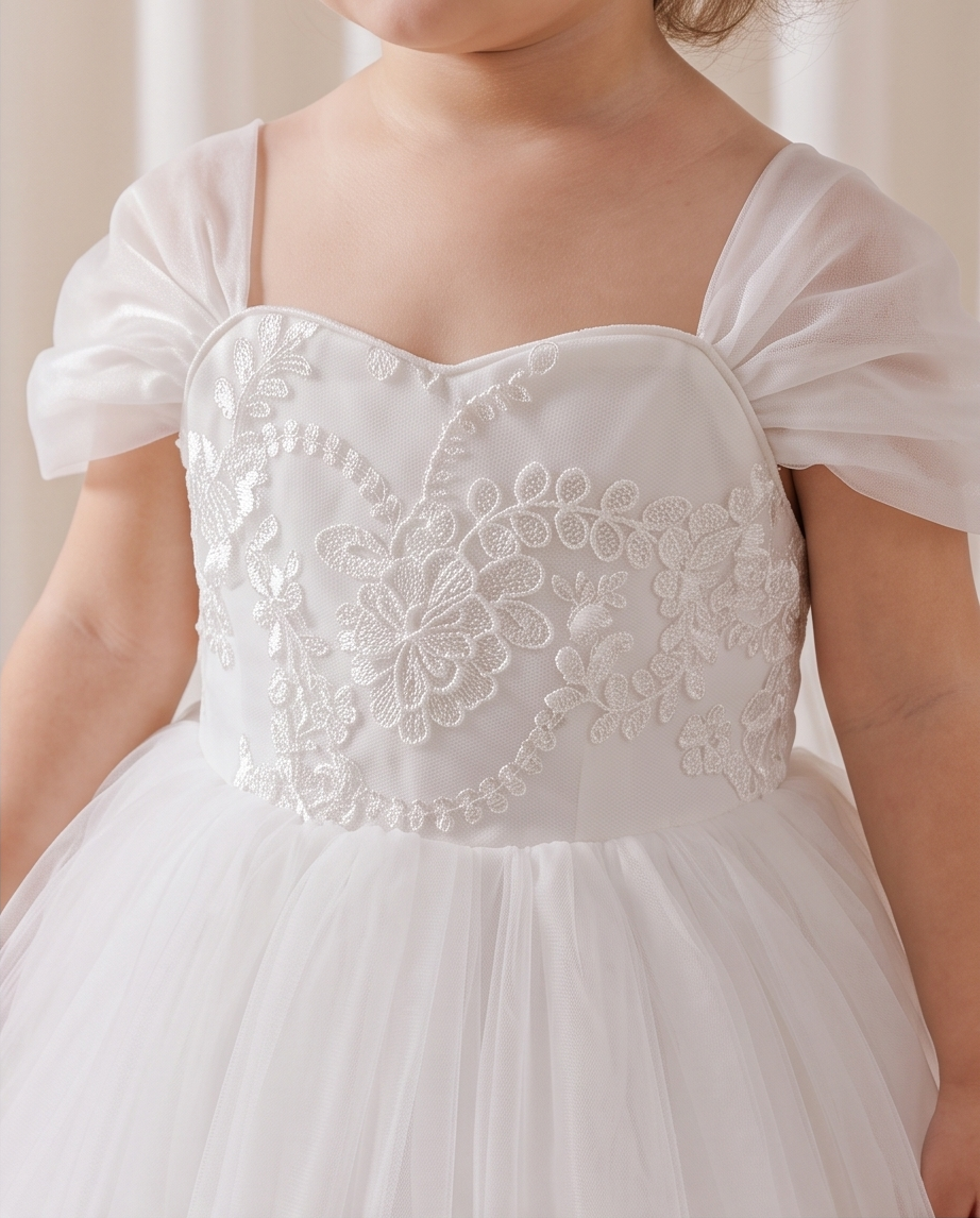 Close-up of embroidered bodice and sheer gathered sleeves