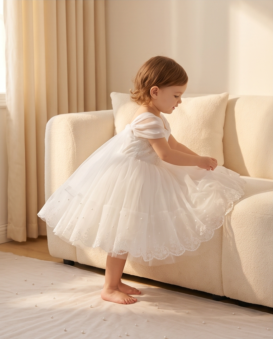 Side view of full tulle skirt and scalloped hem