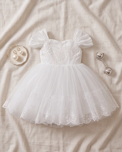 Flat-lay view of white embroidered occasion dress