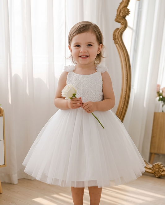 Front view of white embroidered tulle flower girl dress