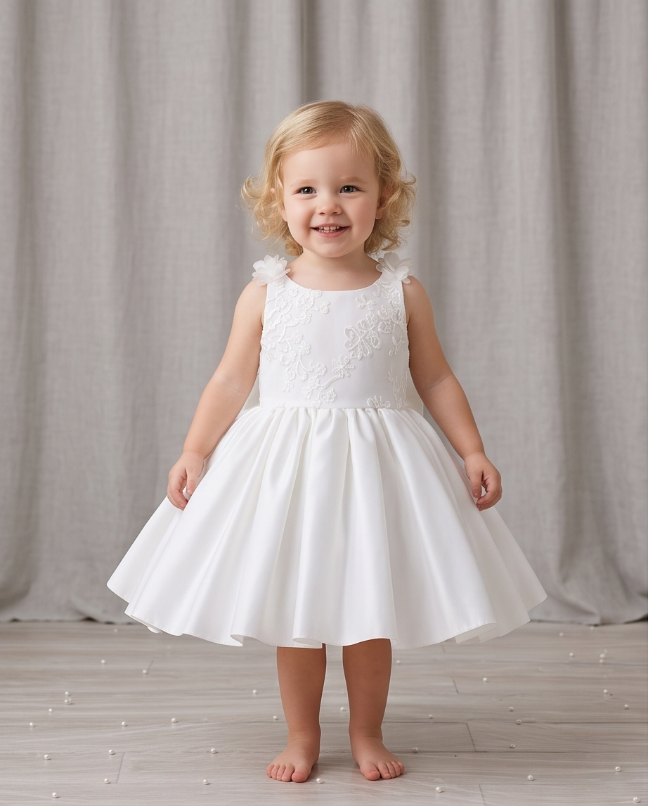 Front view of white floral strap flower girl dress