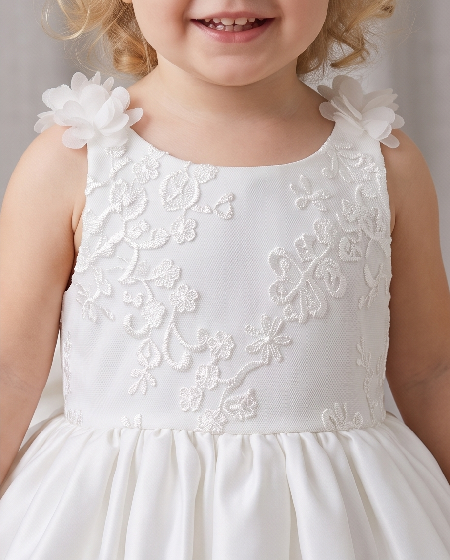 Close-up of floral bodice and flower shoulder details