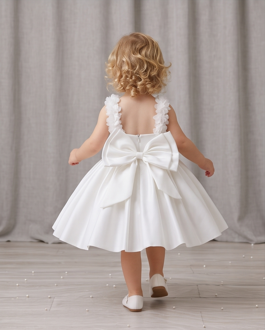 Back view showing flower straps and large white bow