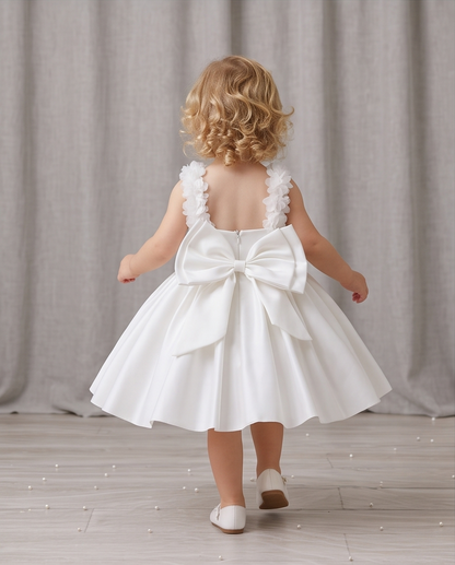 Back view showing flower straps and large white bow
