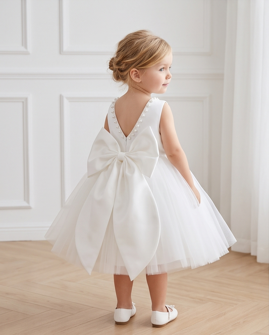 Pearl-Trim White Bow Flower Girl Dress – 2-3Y