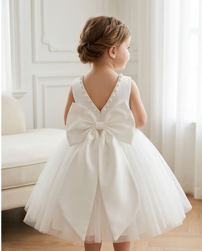 Pearl-Trim White Bow Flower Girl Dress – 2-3Y