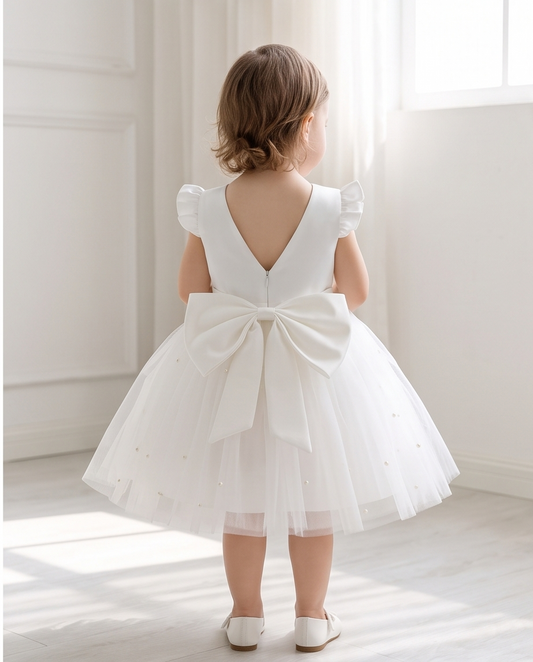 White Pearl-Detail Ruffle Sleeve Flower Girl Dress – 2-3Y