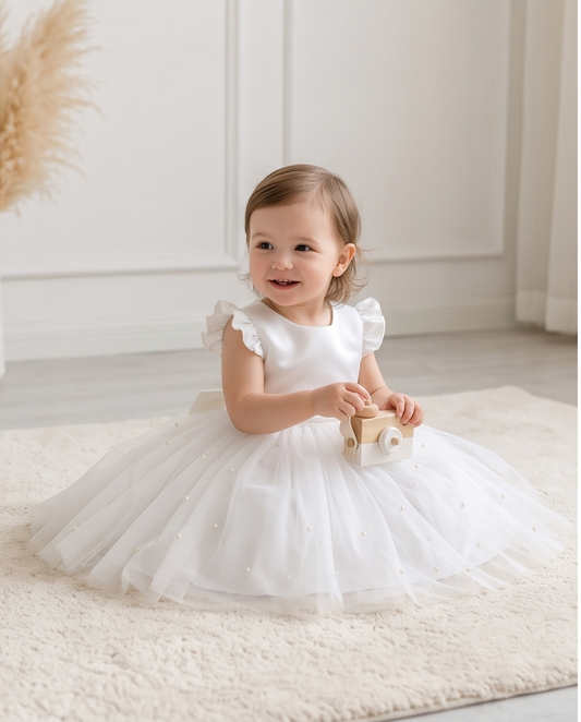 White Pearl-Detail Ruffle Sleeve Flower Girl Dress – 2-3Y