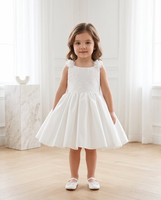 White Floral Strap Bow Flower Girl Dress – 2-3Y
